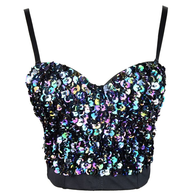 ELLACCI Sexy Sequin Bustier Crop Top Push up Club Party Corset Top Black Medium - Image 2